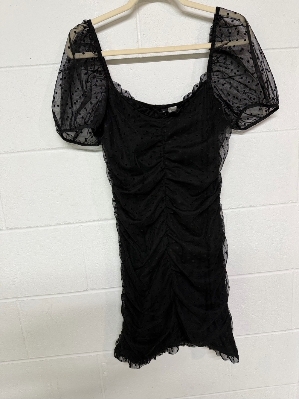 H&M Divided Black Polka Dot Mesh Ruched Puff Sleeve Mini Dress M